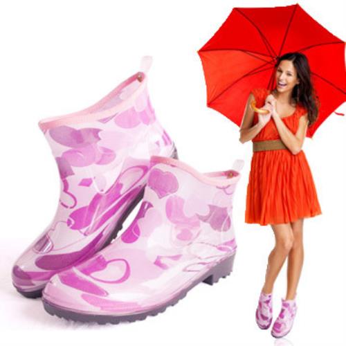 一體成型時尚短筒雨靴/雨鞋(紫心)