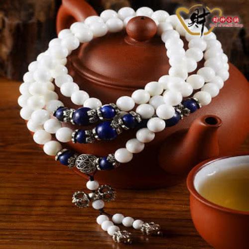 【財神小舖】開光108珠青金石藏銀硨磲手鍊