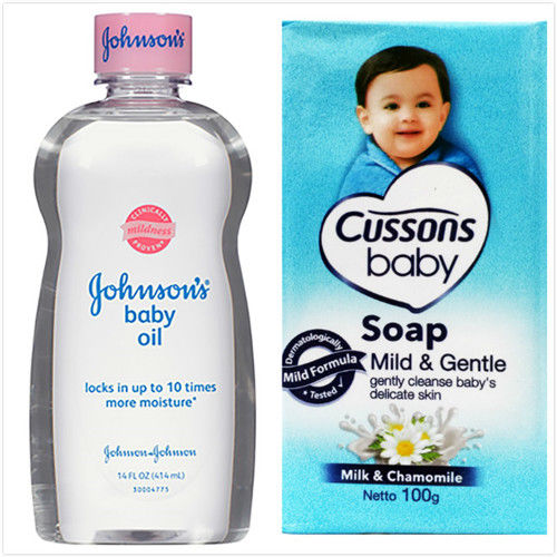 【美國 Johnsons 嬌生】嬰兒潤膚油-中性肌膚(14oz/414ml)*3+CUSSONS佳霜嬰兒香皂(100g)藍色*36