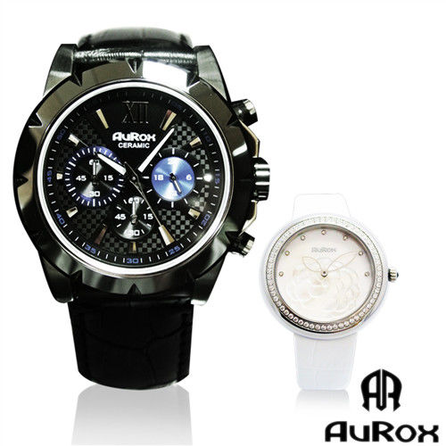 AuRox歐銳時 英倫紳士三眼計時陶瓷不鏽鋼石英計時腕錶(AR1102-黑陶)送山茶花石英鑽女錶(AR1121)