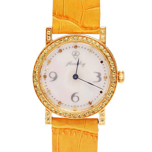 JL 爵儷天然珍珠母貝錶盤黃寶石鑲嵌牛皮腕錶 (黃色）