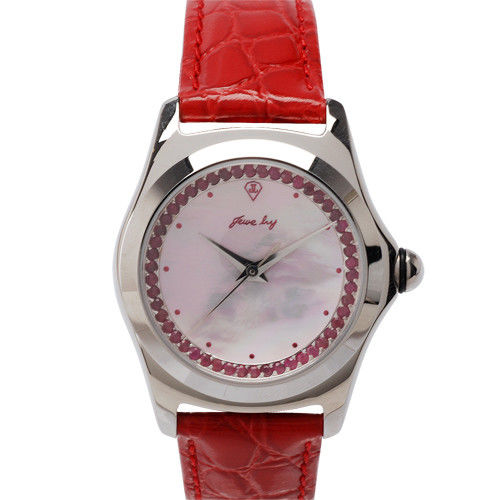 JL 心戀天然紅寶石排列鑲嵌牛皮窄版腕錶 (紅）
