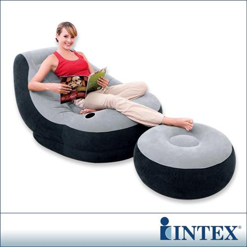 INTEX《懶骨頭》單人充氣沙發椅附腳椅-灰色 (68564)-行動