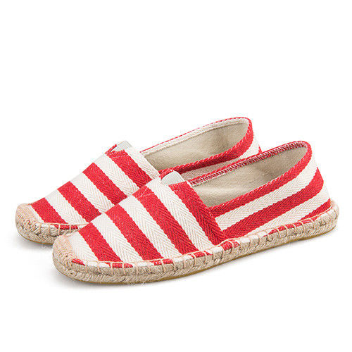 【Alice】 寛白紅條歐美外銷草編休閒帆布鞋