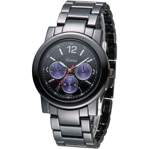 Hanna 巴黎時尚全日曆黑陶瓷腕錶-紫色小錶盤