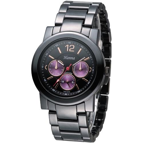 Hanna 巴黎時尚全日曆黑陶瓷腕錶-紫紅小錶盤