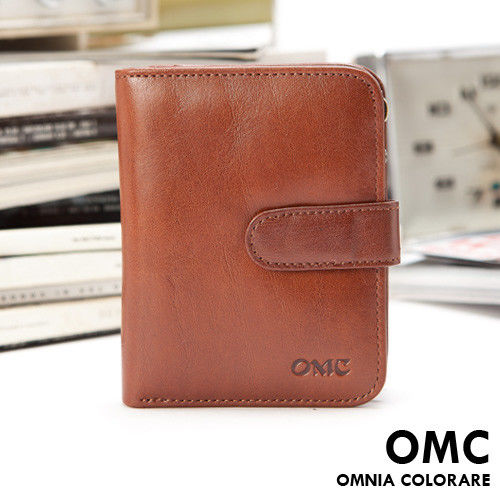 OMC - 時尚精工牛皮原皮扣式短夾