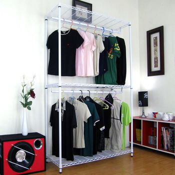 【頂堅】寬90公分-三層金屬鐵線網型(雙桿)吊衣櫥/吊衣架-素雅白色