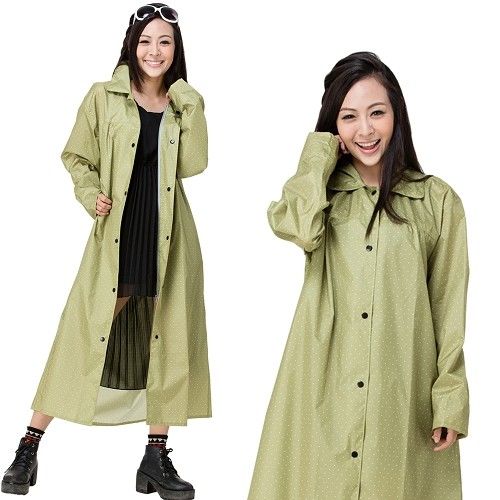 【東伸】俏麗型日式大衣式雨衣-綠色點點-行動