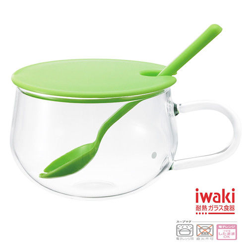 【iwaki】耐熱玻璃湯杯附匙-綠