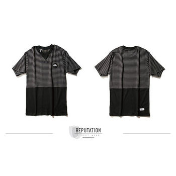 Reputation American Stripe Patch Splice TEE - 貼布拼接橫條TEE / 黑-行動