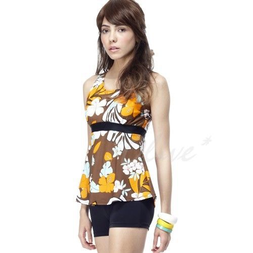 【沙兒斯】時尚日系扶桑花圖騰假兩件式四角連身泳裝NO.B95431(現貨+預購)