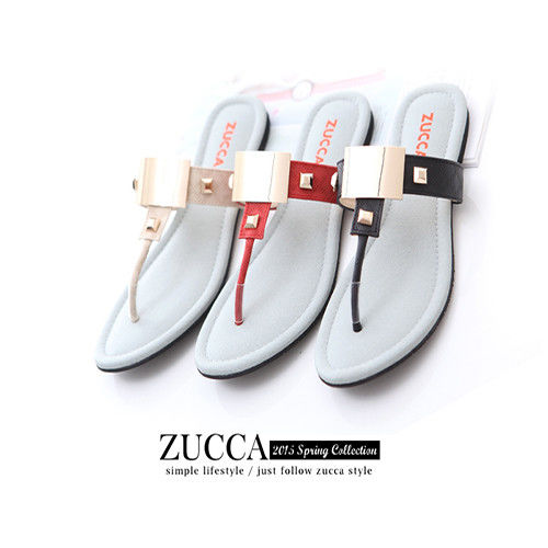 ZUCCA【Z5714】大金屬方塊T字裸肌夾腳涼鞋-白色/紅色/黑色