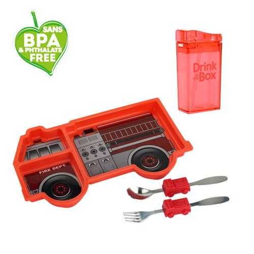 兒童環保無毒餐具組合-餐盤+水瓶-紅火消防車組-行動