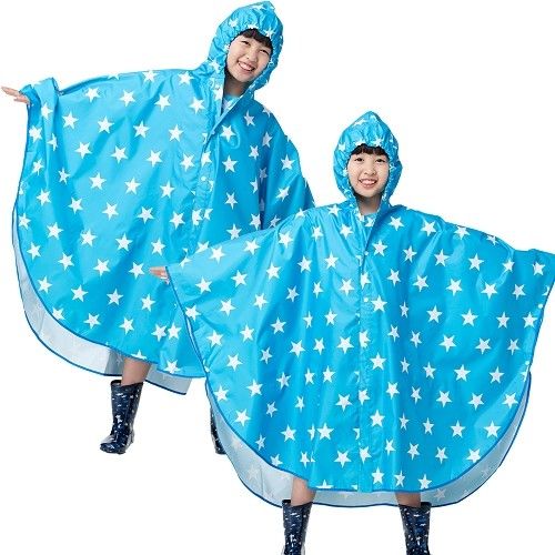 【東伸 DongShen】滿天星兒童日系斗篷雨衣-水藍色-行動