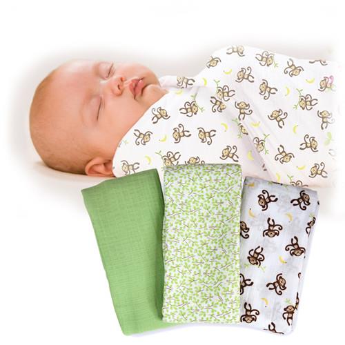 【美國Summer Infant】輕量細棉紗布寶寶毯(俏皮小猴3入組)-行動