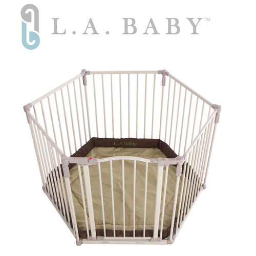 美國 L.A. Baby 多功能兒童安全自動上鎖遊戲圍欄/護欄 (附卡其色軟墊)