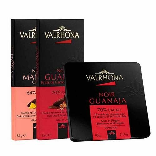 【VALRHONA】 創意系列85g(64%Manjari孟加里蜜橙+70% Guanaja瓜納拉可可碎片)+產地18片裝70%Guanaja鐵盒組合-行動