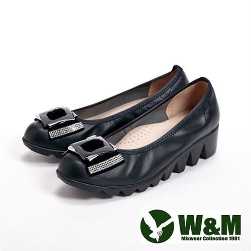【W&M】絨面貼鑽方環女鞋休閒鞋-黑(另有灰)