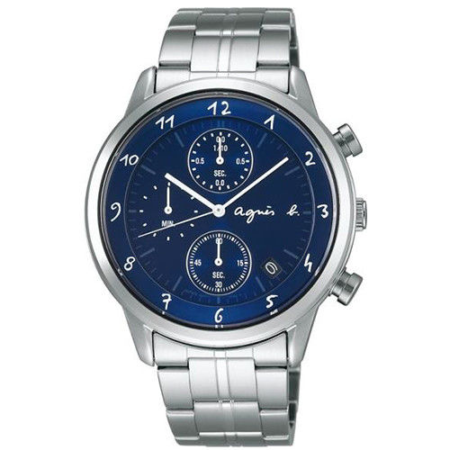 【agnes b.】優雅紳士 藝術靛藍三眼計時腕錶-藍(VD57-00A0B/BM3004J1)