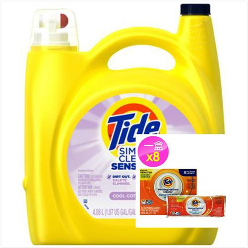 Tide汰漬 美國濃縮洗衣膏敏弱肌膚專用138oz+洗衣槽清潔劑75g(8包)