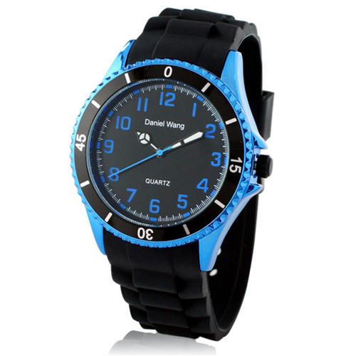 【Daniel Wang】霸氣雙圈大錶面中性黑色矽膠腕錶-深海藍