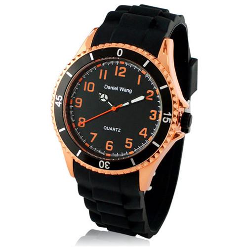 【Daniel Wang】霸氣雙圈大錶面中性黑色矽膠腕錶-玫瑰橘