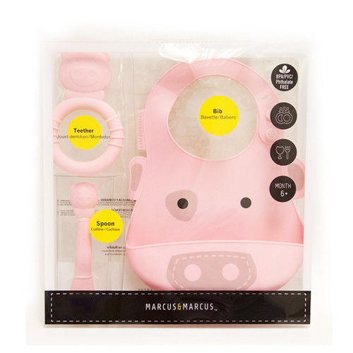 【MARCUS&MARCUS】動物樂園矽膠哺育禮盒組-粉紅豬-行動
