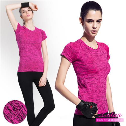 【LOTUS】顯瘦緞染彈力速乾短袖運動上衣(亮桃紅)