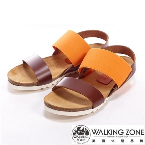 【WALKING ZONE】雙色鬆緊帶設計直套涼鞋-橘