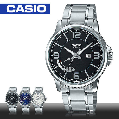 【CASIO 卡西歐】簡單時尚_不鏽鋼黑面指針男錶(MTP-E124D)