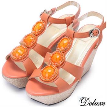 【Deluxe】全真皮水晶環繞楔型涼跟鞋(橘)-868-11