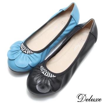【Deluxe】真皮可愛花瓣燙鑽平底娃娃鞋(藍)-9916-1