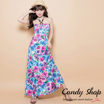 Candy 小舖 珠飾繞頸 繽紛塗鴉 幾何印花 洋裝 ( 黑 / 赭色 / 藍 ) 3色選