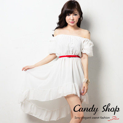 Candy 小舖 氣質夢幻 平口設計 縮腰雪紡 長洋裝 ( 黑 / 白 / 紅 ) 3色選