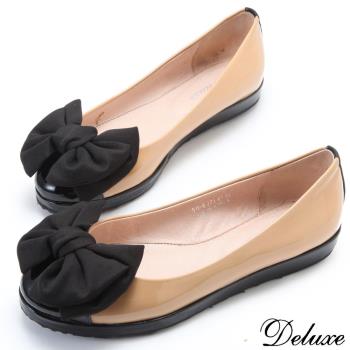 【Deluxe】頂級漆皮雙色拼接蝴蝶平底包鞋(米)-511-5