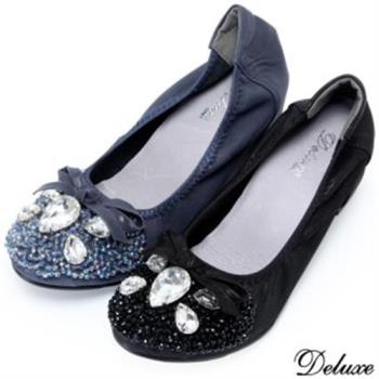 【Deluxe】真皮閃鑽包頭娃娃鞋(黑.藍)-306-1