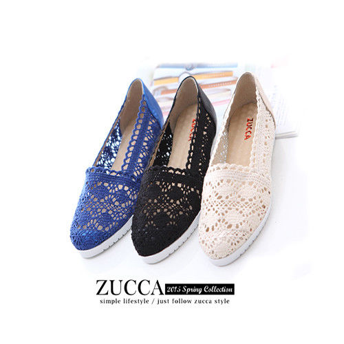 ZUCCA【Z5701】透膚感雕花編織拼接平底包鞋-黑色/藍色/白色