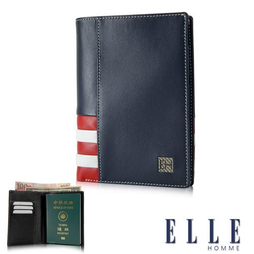 【ELLE HOMME】法式紅白藍護照中夾嚴選義大利頭層牛皮、可置物空間格層設計-藍( EL81913-08)