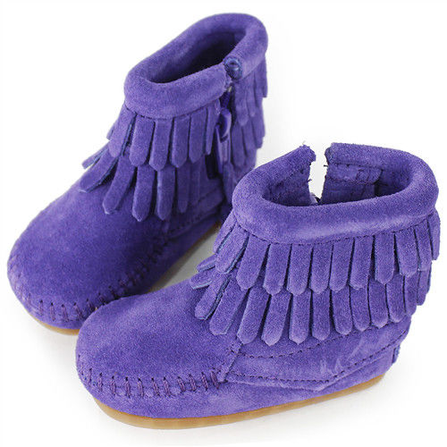 MINNETONKA 紫色雙層流蘇麂皮莫卡辛 嬰兒短靴