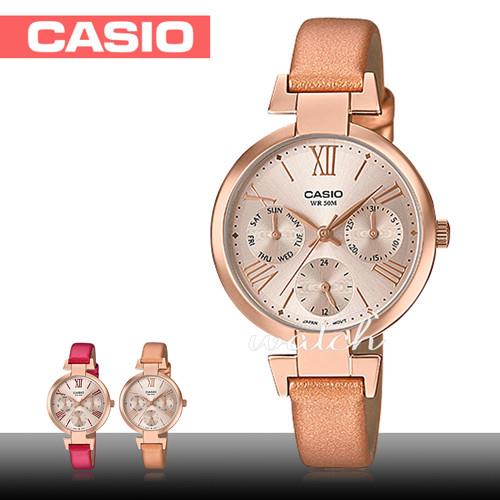 【CASIO 卡西歐】優雅氣質錶款 三眼玫瑰金 皮革石英女錶(LTP-E404PL-9A1)