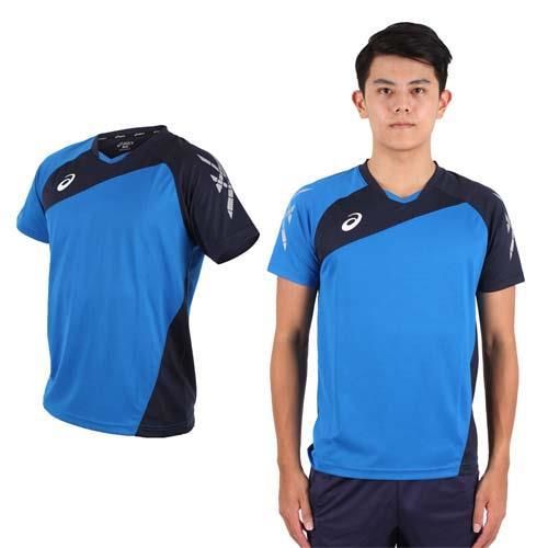 【ASICS】男運動排汗短T恤 -慢跑 羽球 排球 藍丈青