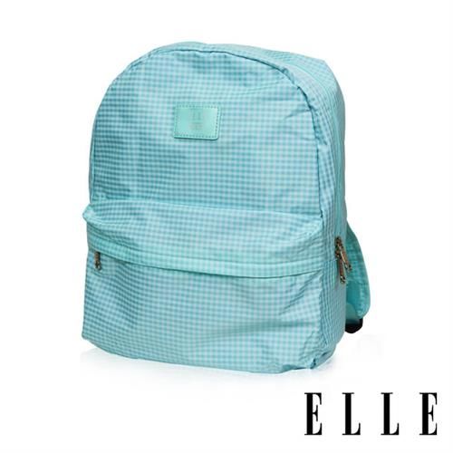【ELLE】輕旅休閒可掛式摺疊收納尼龍後背包(格紋藍 EL83886-12)