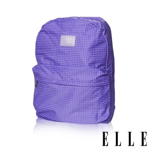 【ELLE】輕旅休閒可掛式摺疊收納尼龍後背包(格紋紫 EL83886-24)