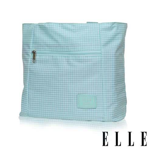 【ELLE】輕旅休閒可掛式摺疊收納尼龍手提肩背包(格紋藍 EL82357-12)