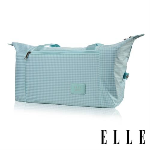【ELLE】輕旅休閒可掛式摺疊收納尼龍手提行李包(格紋藍 EL82358-12)