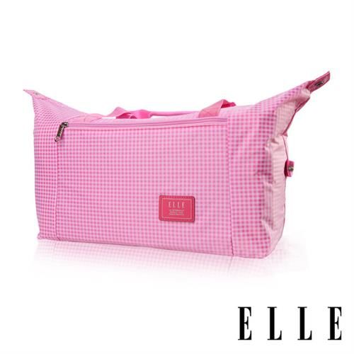 【ELLE】輕旅休閒可掛式摺疊收納尼龍手提行李包(格紋粉 EL82358-33)