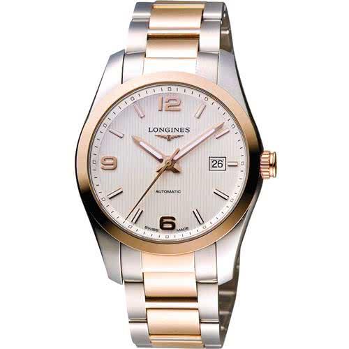 LONGINESConquest18K玫塊金機械腕錶-白x雙色版/39mmL27855767