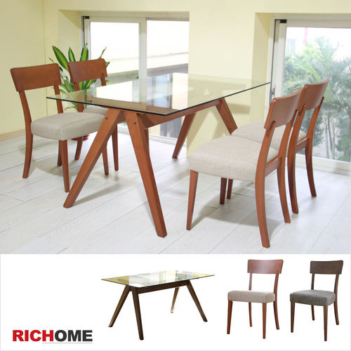 RICHOME  凱倫強化玻璃實木餐桌椅組(一桌四椅)-2色