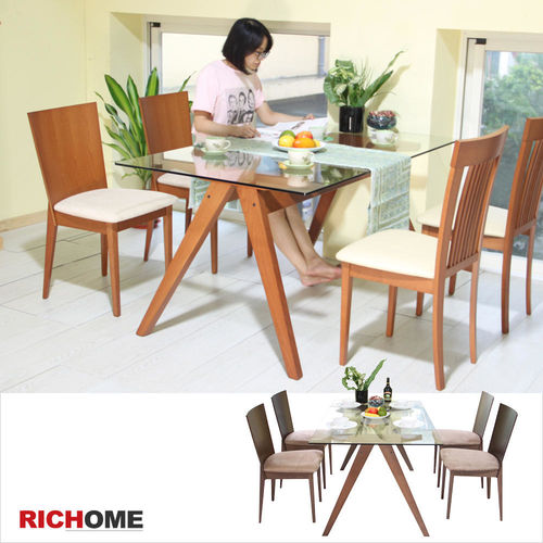 RICHOME 凱爾強化玻璃實木餐桌椅組(一桌四椅)-2色